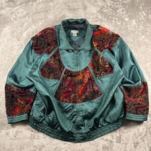 VTG 90's Lavon Shiny Emerald Green Velvet Floral Accents Women’s Jacket  XL